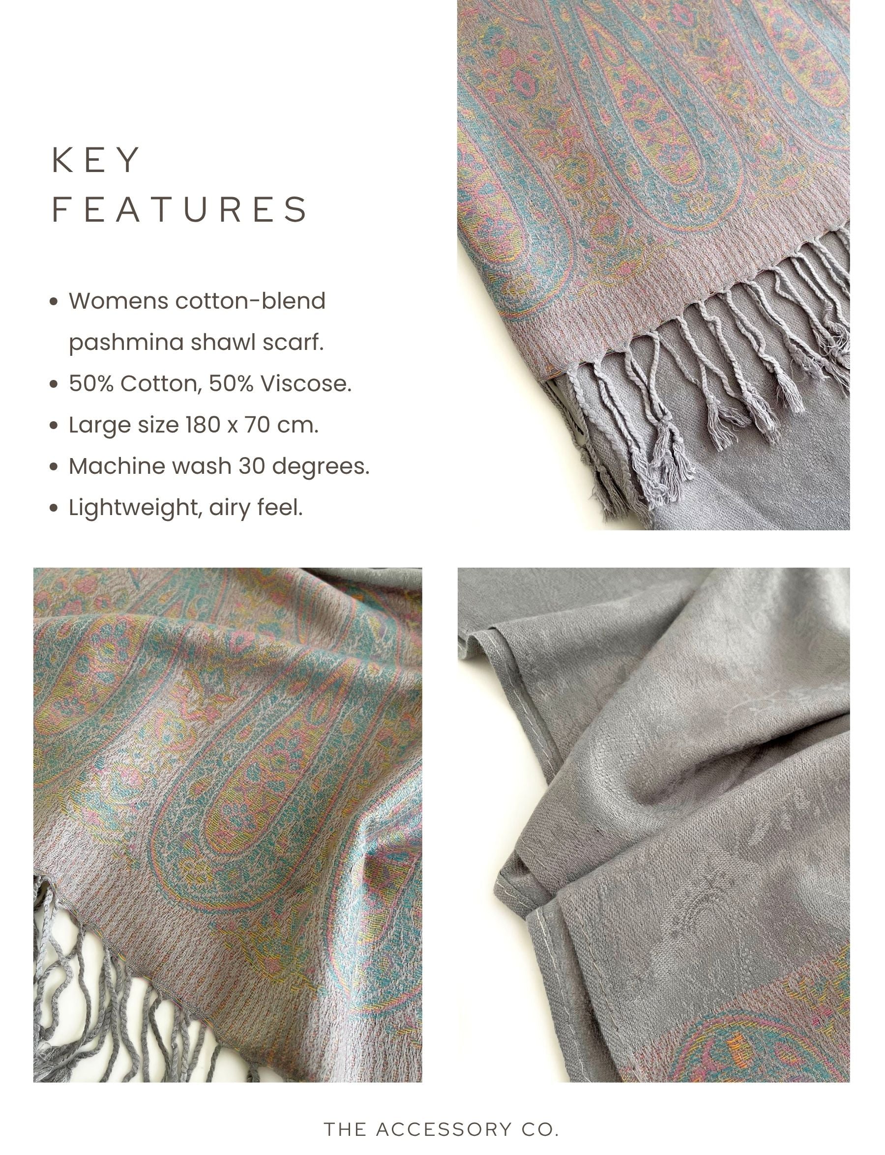 PAISLEY PRINT SILVER LIGHTWEIGHT PASHMINA SHAWL SCARF - A-SHU.CO.UK