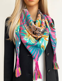 PINK LEOPARD & FLORAL PRINT SQUARE TASSEL SCARF