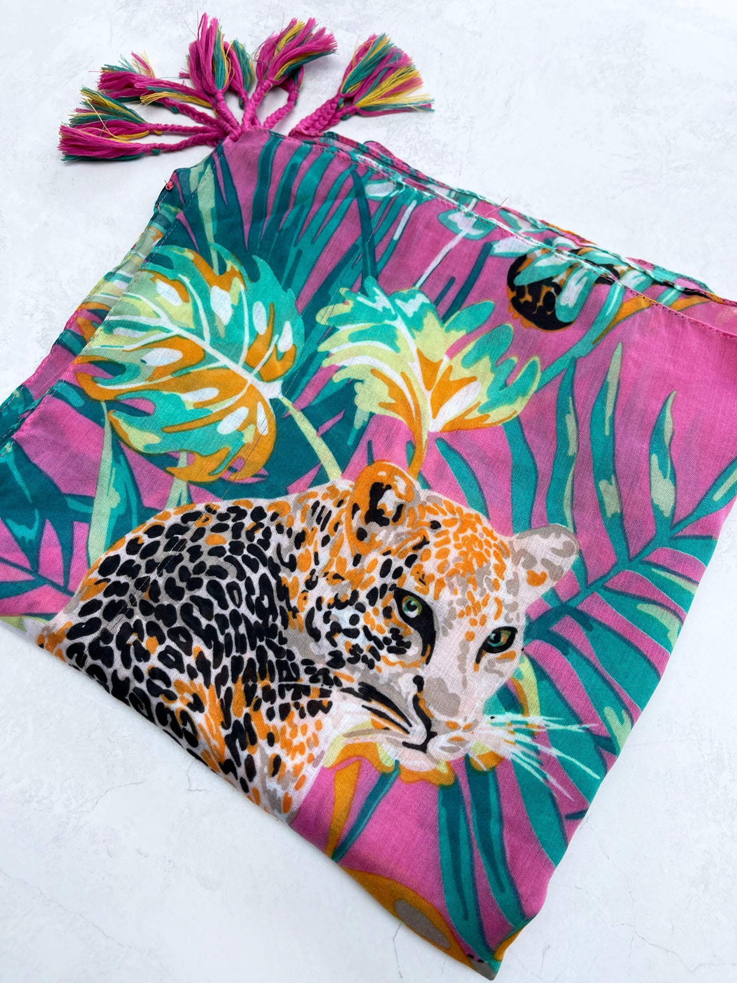 PINK LEOPARD & FLORAL PRINT SQUARE TASSEL SCARF