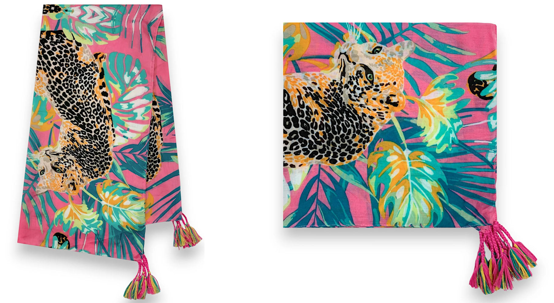 PINK LEOPARD & FLORAL PRINT SQUARE TASSEL SCARF