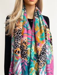 PINK LEOPARD & FLORAL PRINT SQUARE TASSEL SCARF