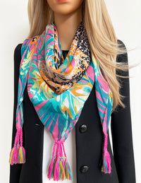 PINK LEOPARD & FLORAL PRINT SQUARE TASSEL SCARF