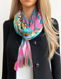 PINK LEOPARD & FLORAL PRINT SQUARE TASSEL SCARF