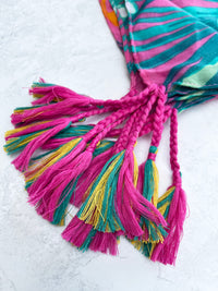 PINK LEOPARD & FLORAL PRINT SQUARE TASSEL SCARF