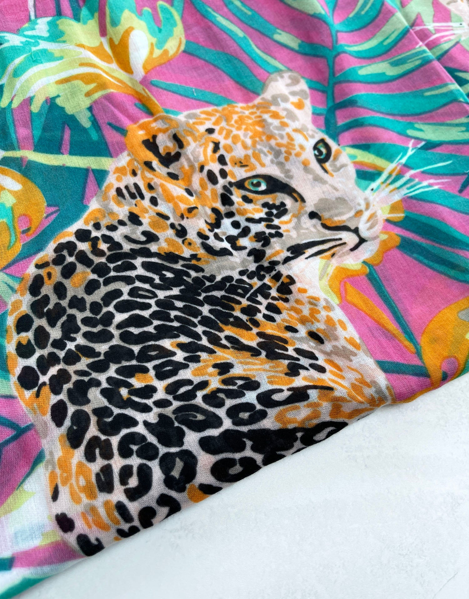 PINK LEOPARD & FLORAL PRINT SQUARE TASSEL SCARF