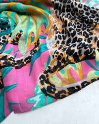 PINK LEOPARD & FLORAL PRINT SQUARE TASSEL SCARF