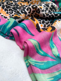 PINK LEOPARD & FLORAL PRINT SQUARE TASSEL SCARF