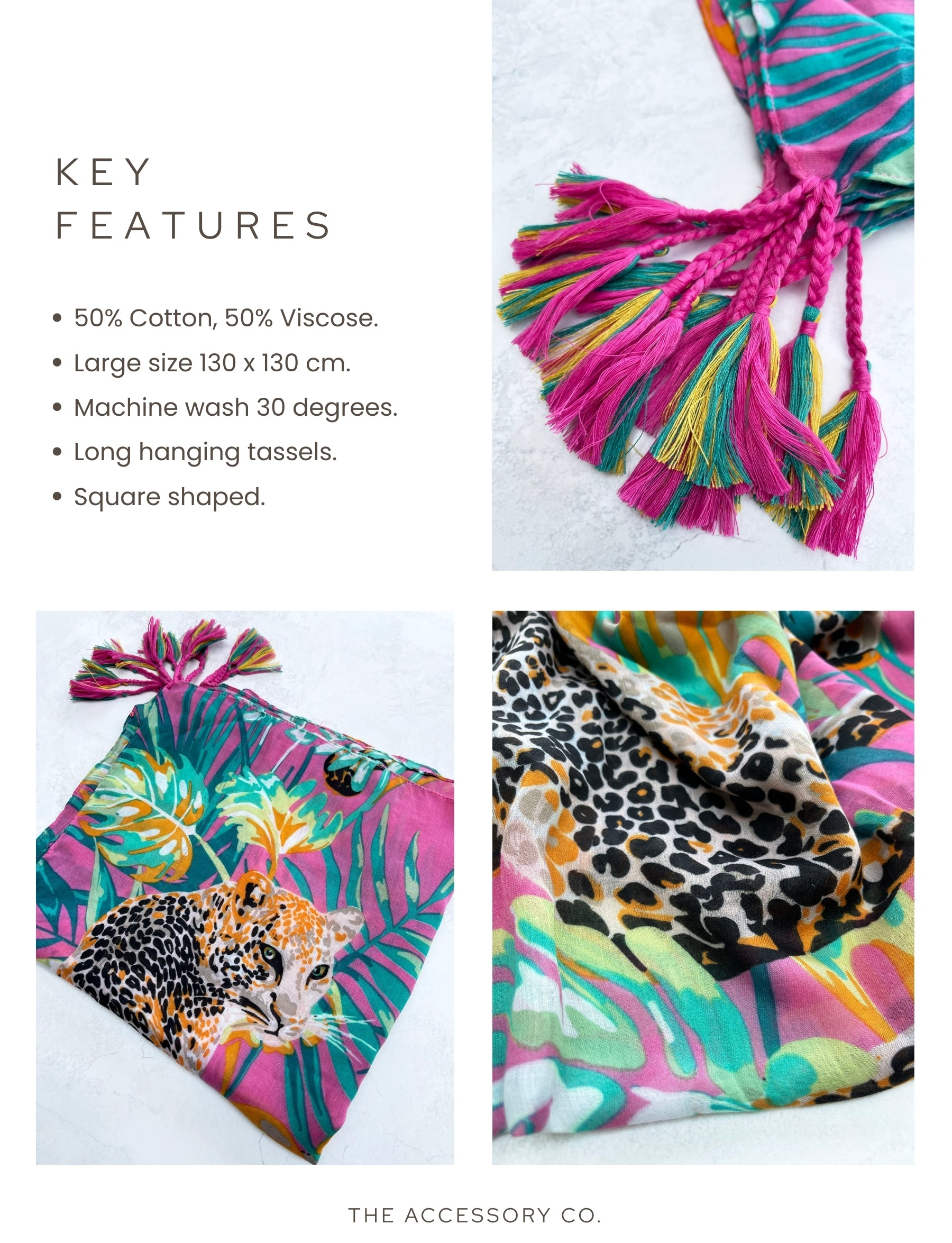 PINK LEOPARD & FLORAL PRINT SQUARE TASSEL SCARF - A-SHU.CO.UK