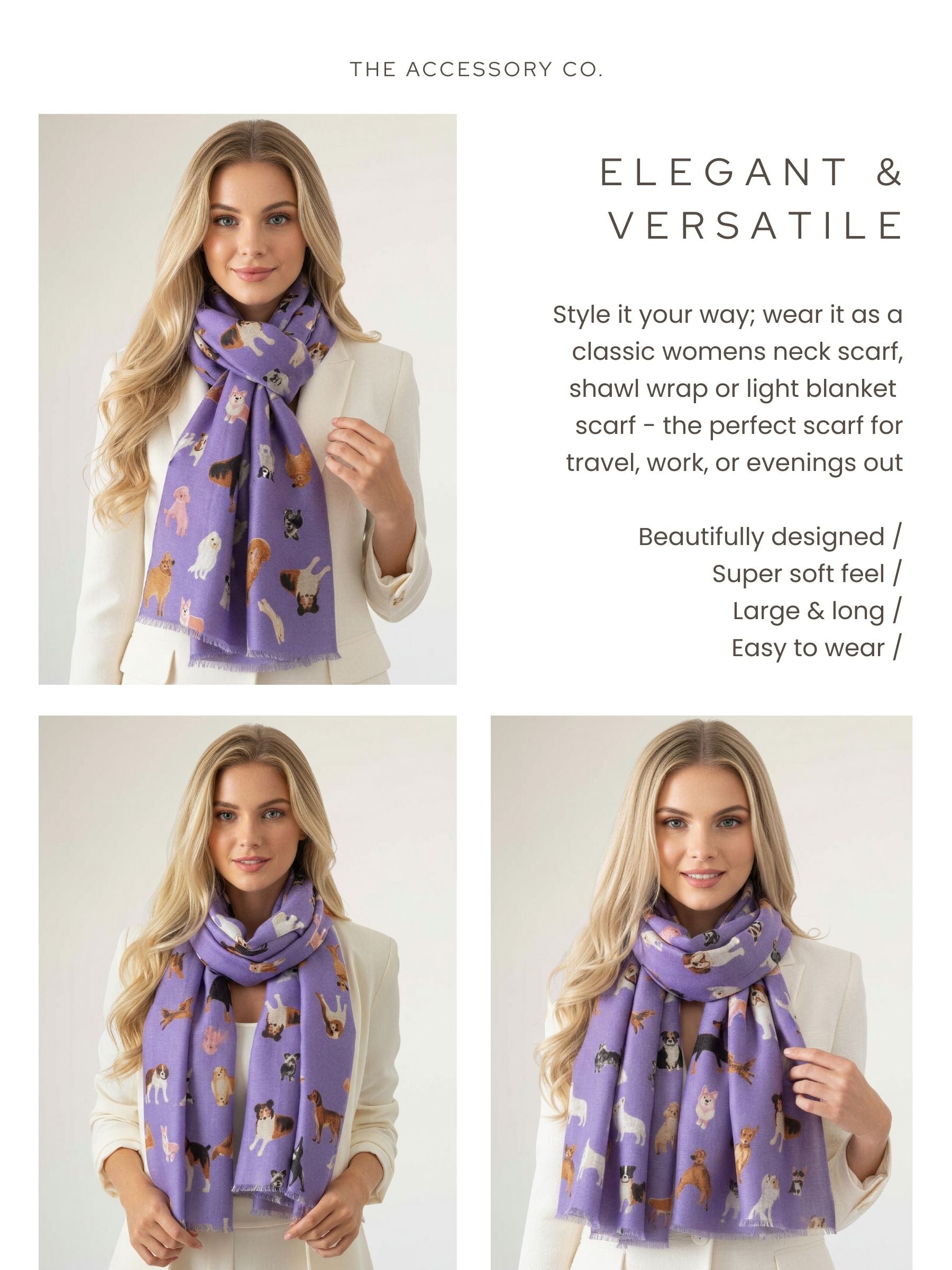 PURPLE COTTON BLEND DOG PRINT LIGHTWEIGHT SCARF - A-SHU.CO.UK