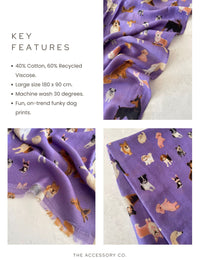 PURPLE COTTON BLEND DOG PRINT LIGHTWEIGHT SCARF - A-SHU.CO.UK