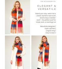 RED CHECKED WOOL RAINBOW BLANKET SCARF OVERSIZED WINTER SHAWL WRAP