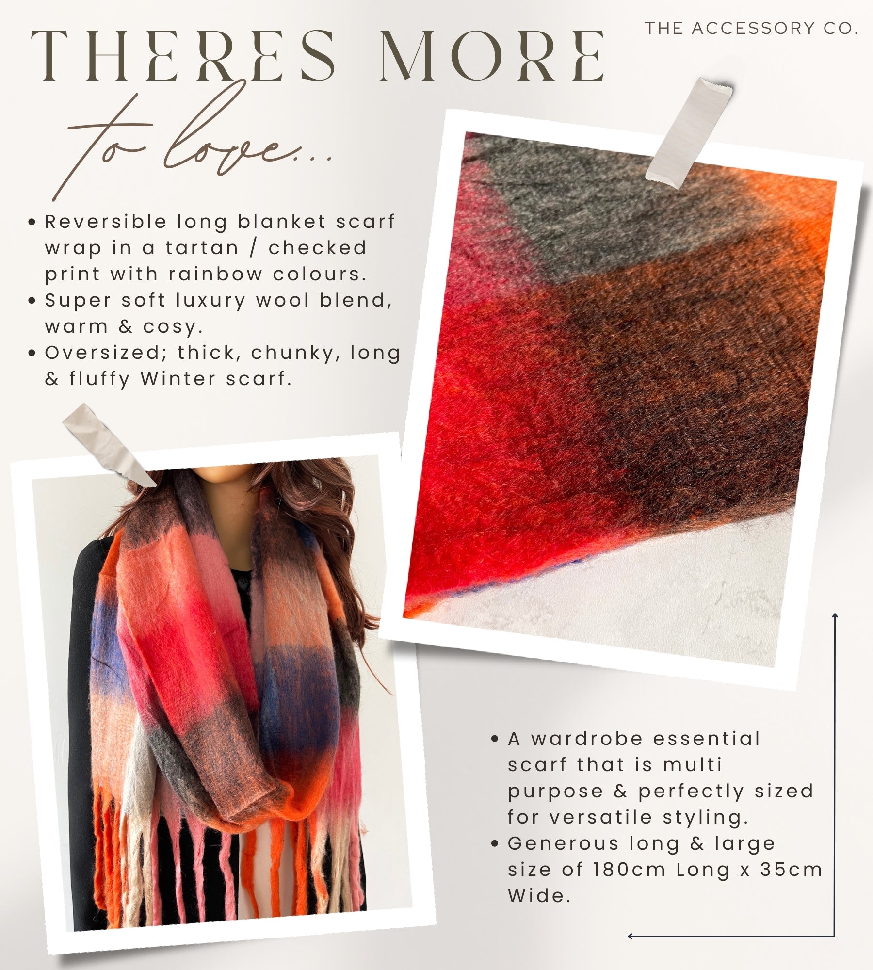 RED CHECKED WOOL RAINBOW BLANKET SCARF OVERSIZED WINTER SHAWL WRAP