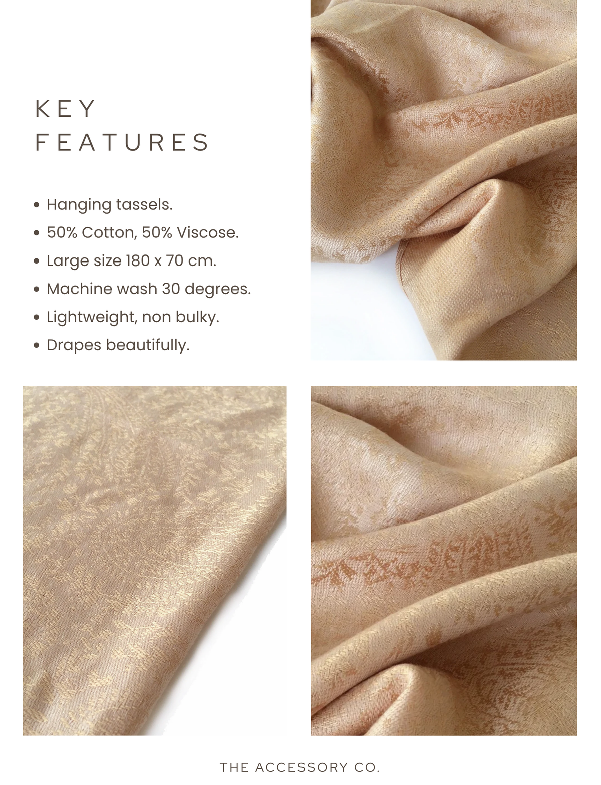 ROSE GOLD PAISLEY PRINT REVERSIBLE PASHMINA SHAWL SCARF - A-SHU.CO.UK