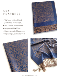 ROYAL BLUE PAISLEY PRINT REVERSIBLE PASHMINA SHAWL SCARF - A-SHU.CO.UK