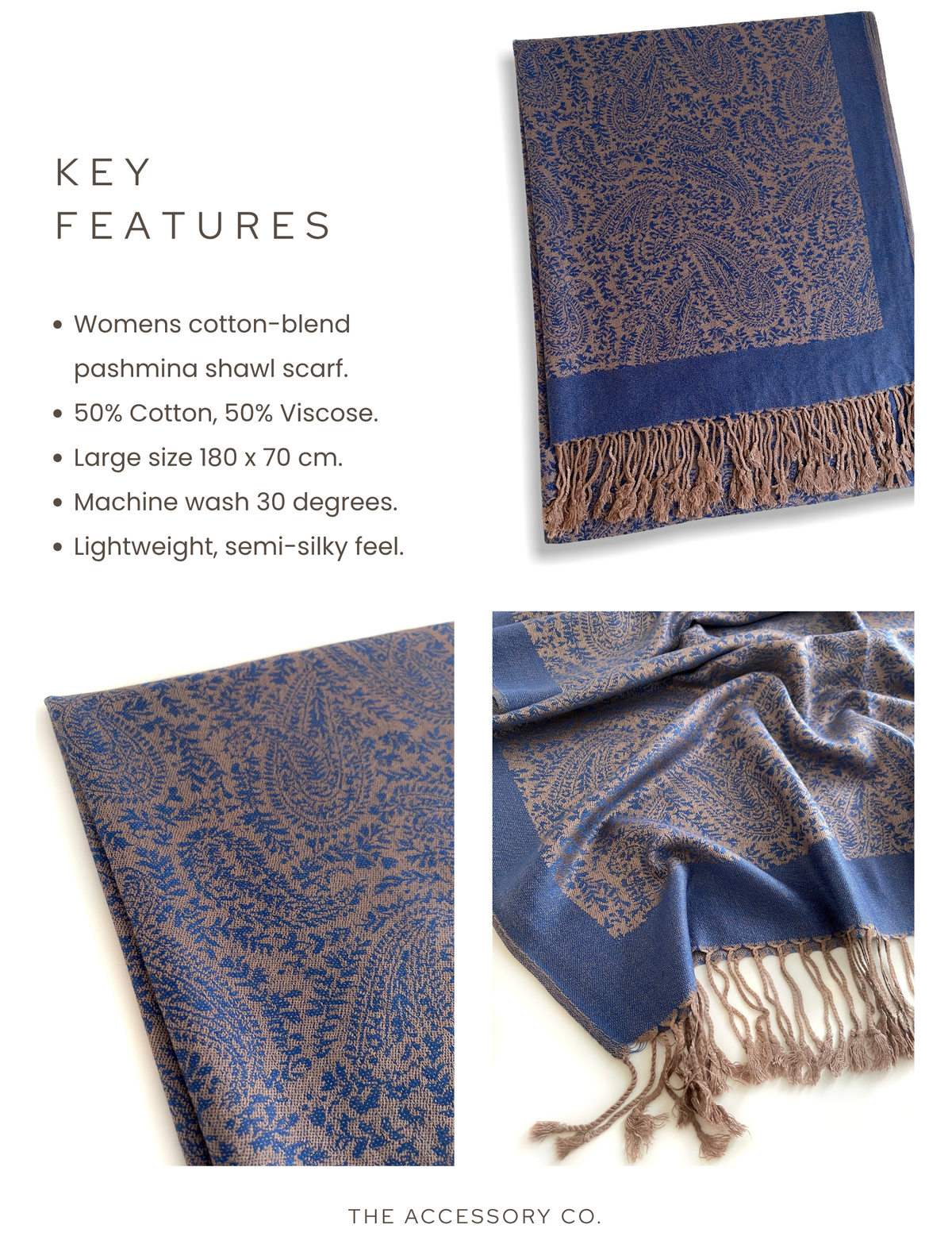 ROYAL BLUE PAISLEY PRINT REVERSIBLE PASHMINA SHAWL SCARF - A-SHU.CO.UK