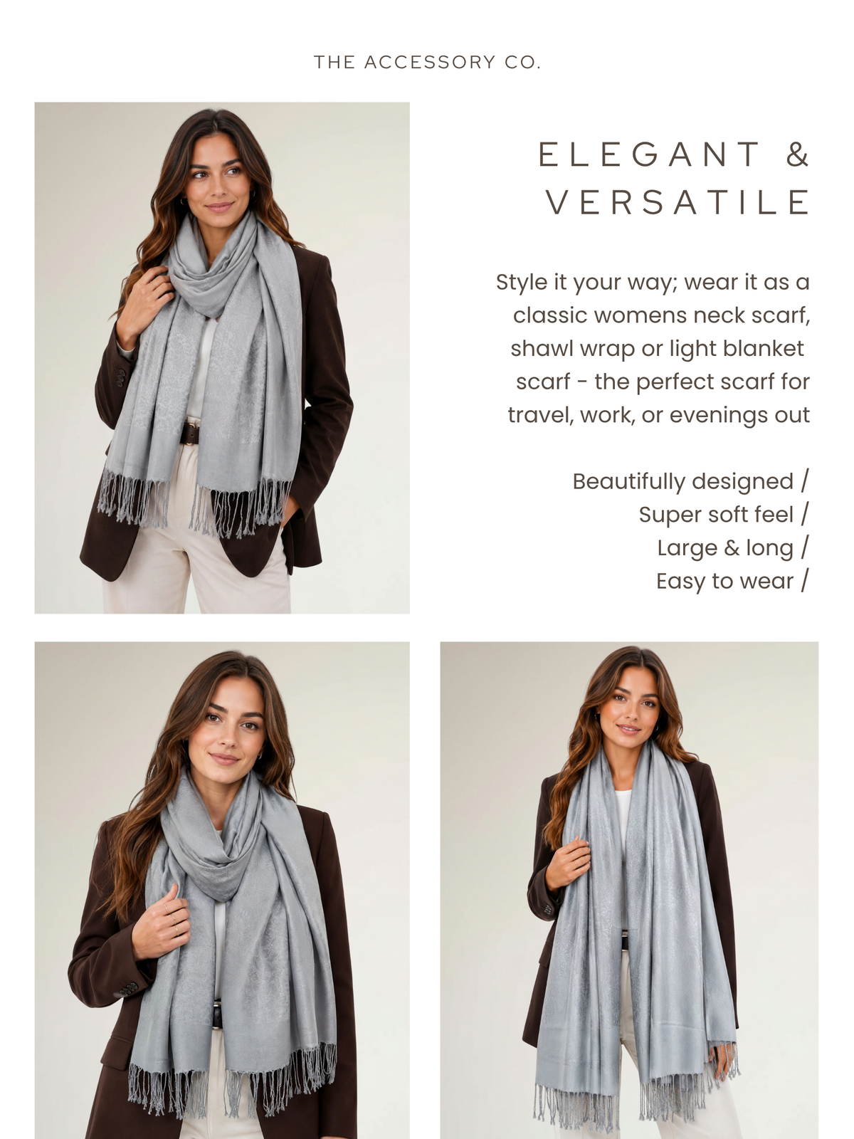 SILVER GREY PAISLEY PRINT REVERSIBLE PASHMINA SHAWL SCARF - A-SHU.CO.UK