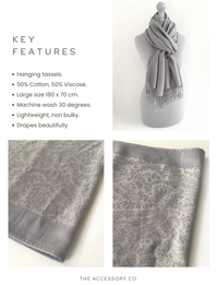 SILVER GREY PAISLEY PRINT REVERSIBLE PASHMINA SHAWL SCARF - A-SHU.CO.UK