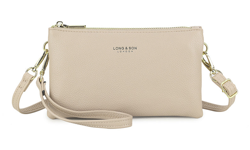 SMALL MULTI-POCKET CROSSBODY PURSE BAG WITH WRIST AND LONG STRAPS - BEIGE - A-SHU.CO.UK