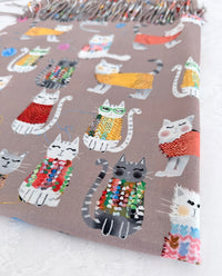 TAUPE BEIGE QUIRKY CAT PRINT LONG LIGHTWEIGHT SCARF