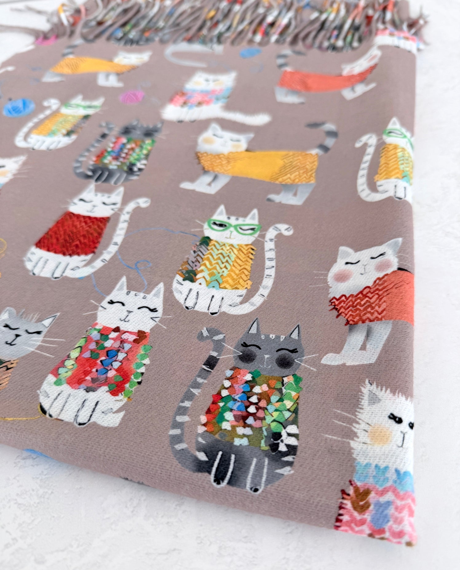 TAUPE BEIGE QUIRKY CAT PRINT LONG LIGHTWEIGHT SCARF