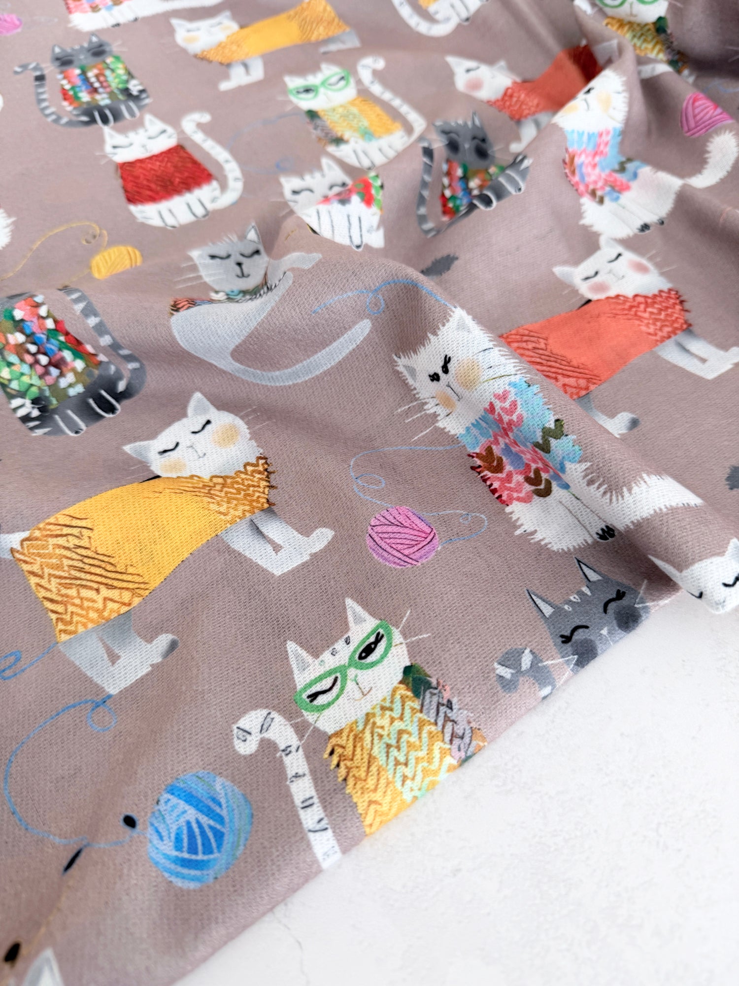 TAUPE BEIGE QUIRKY CAT PRINT LONG LIGHTWEIGHT SCARF