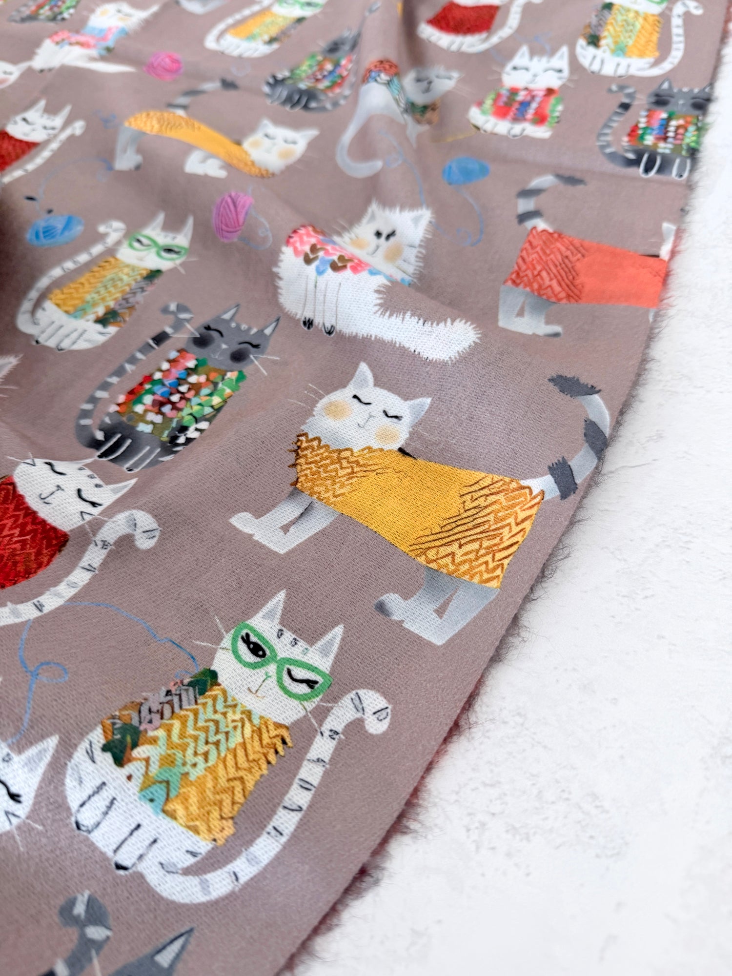 TAUPE BEIGE QUIRKY CAT PRINT LONG LIGHTWEIGHT SCARF