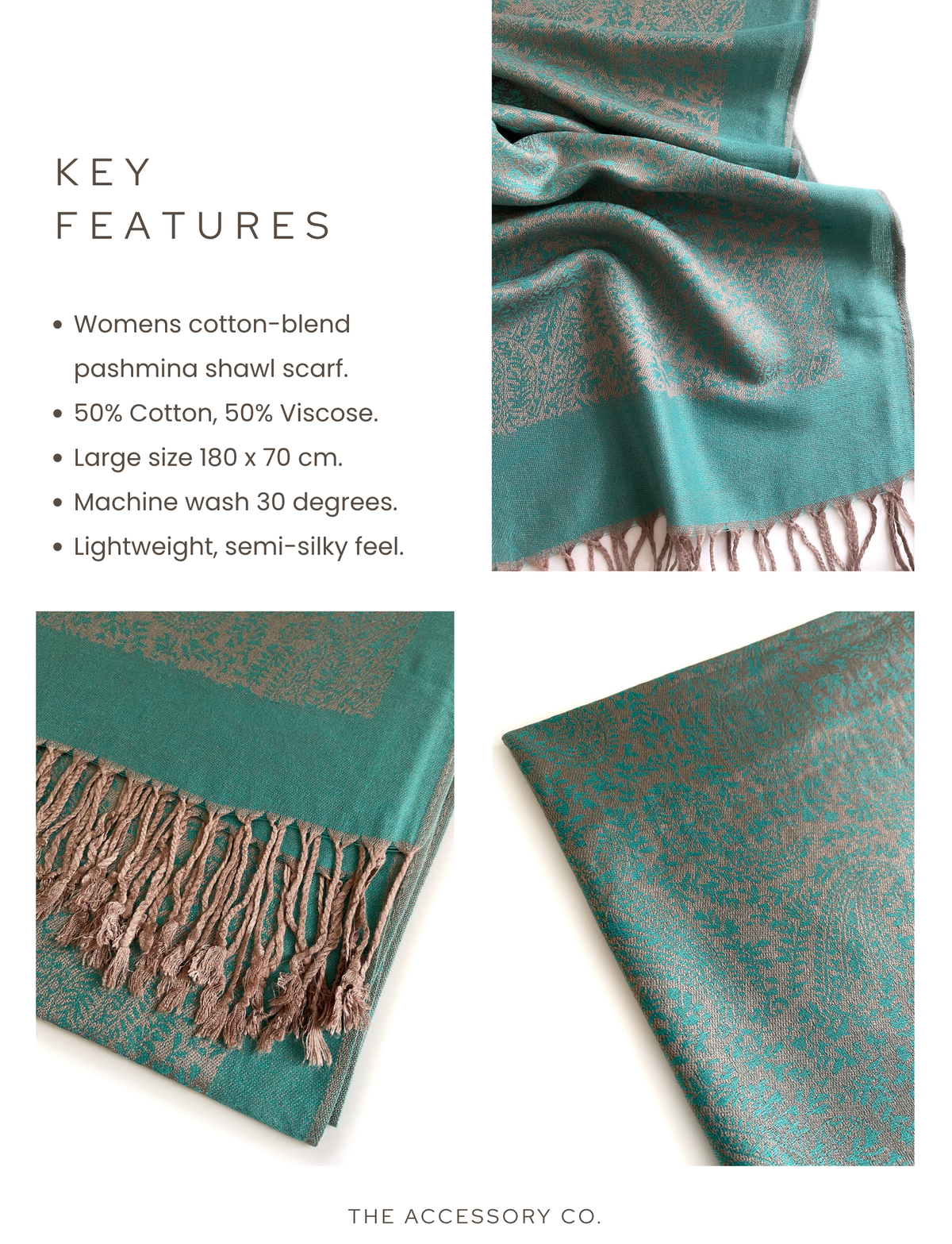 TEAL PAISLEY PRINT REVERSIBLE PASHMINA SHAWL SCARF - A-SHU.CO.UK