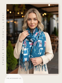 TEAL QUIRKY CAT PRINT LONG LIGHTWEIGHT SCARF