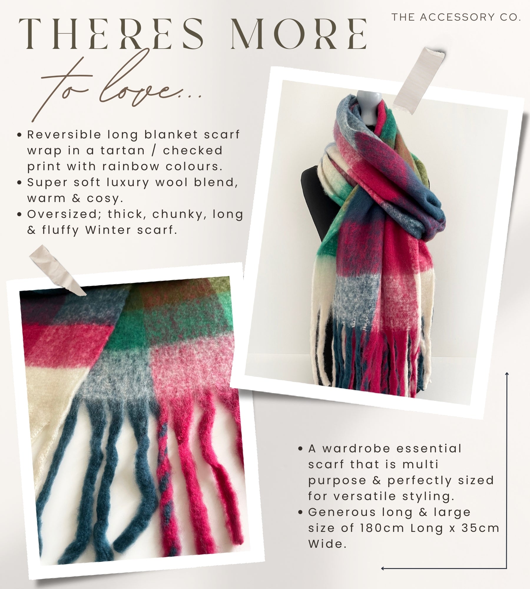 WHITE CHECKED WOOL RAINBOW BLANKET SCARF OVERSIZED WINTER SHAWL WRAP