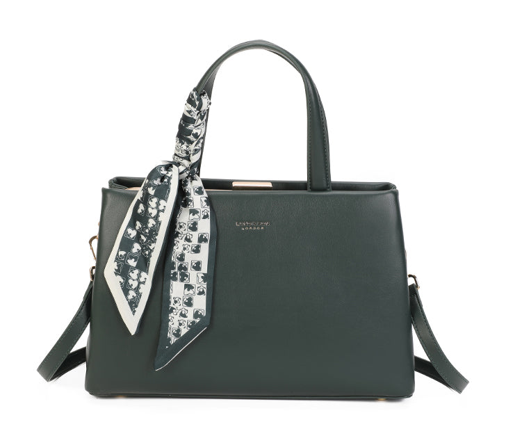 GREEN HARDBACK HOLDALL HANDBAG WITH SCARF TIE AND LONG STRAP
