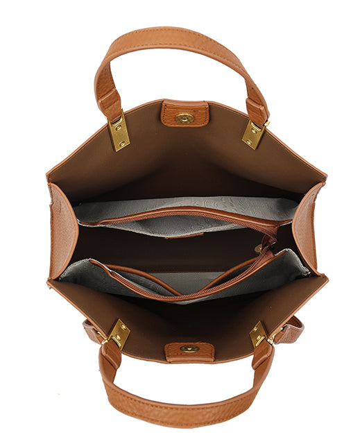 BROWN SLOUCHY MULTI-COMPARTMENT PLAIN TOTE BAG