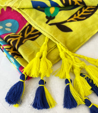 YELLOW LOTUS FLORAL PRINT SQUARE TASSEL SCARF - A-SHU.CO.UK