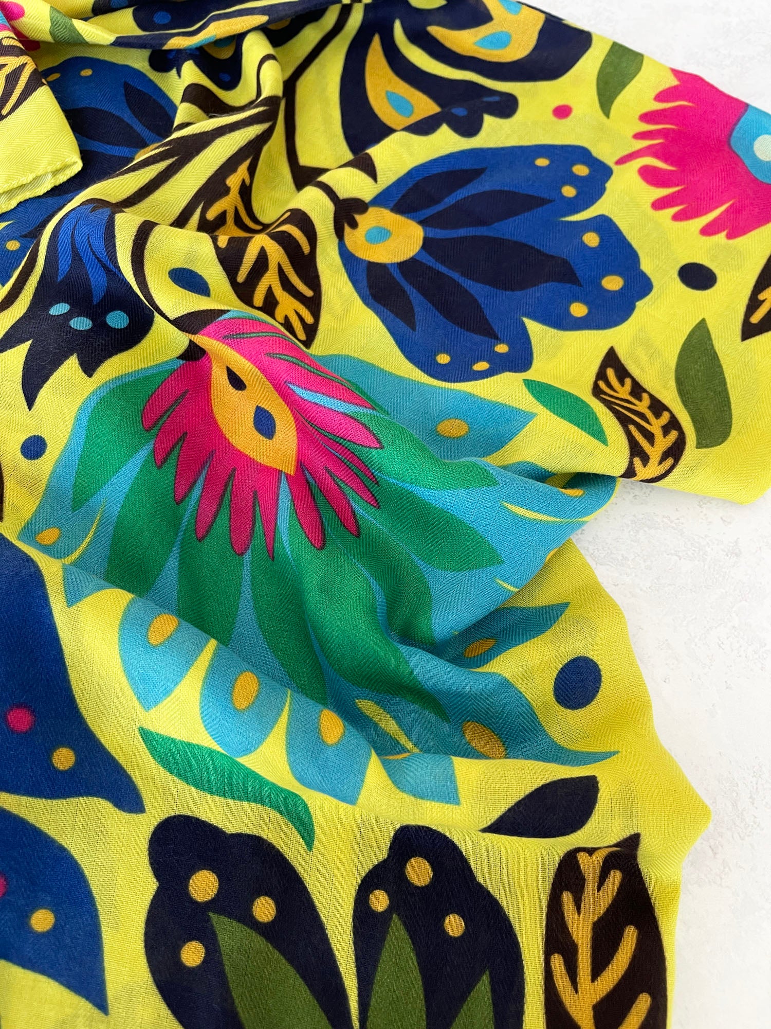 YELLOW LOTUS FLORAL PRINT SQUARE TASSEL SCARF - A-SHU.CO.UK