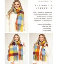 YELLOW CHECKED WOOL RAINBOW BLANKET SCARF OVERSIZED WINTER SHAWL WRAP