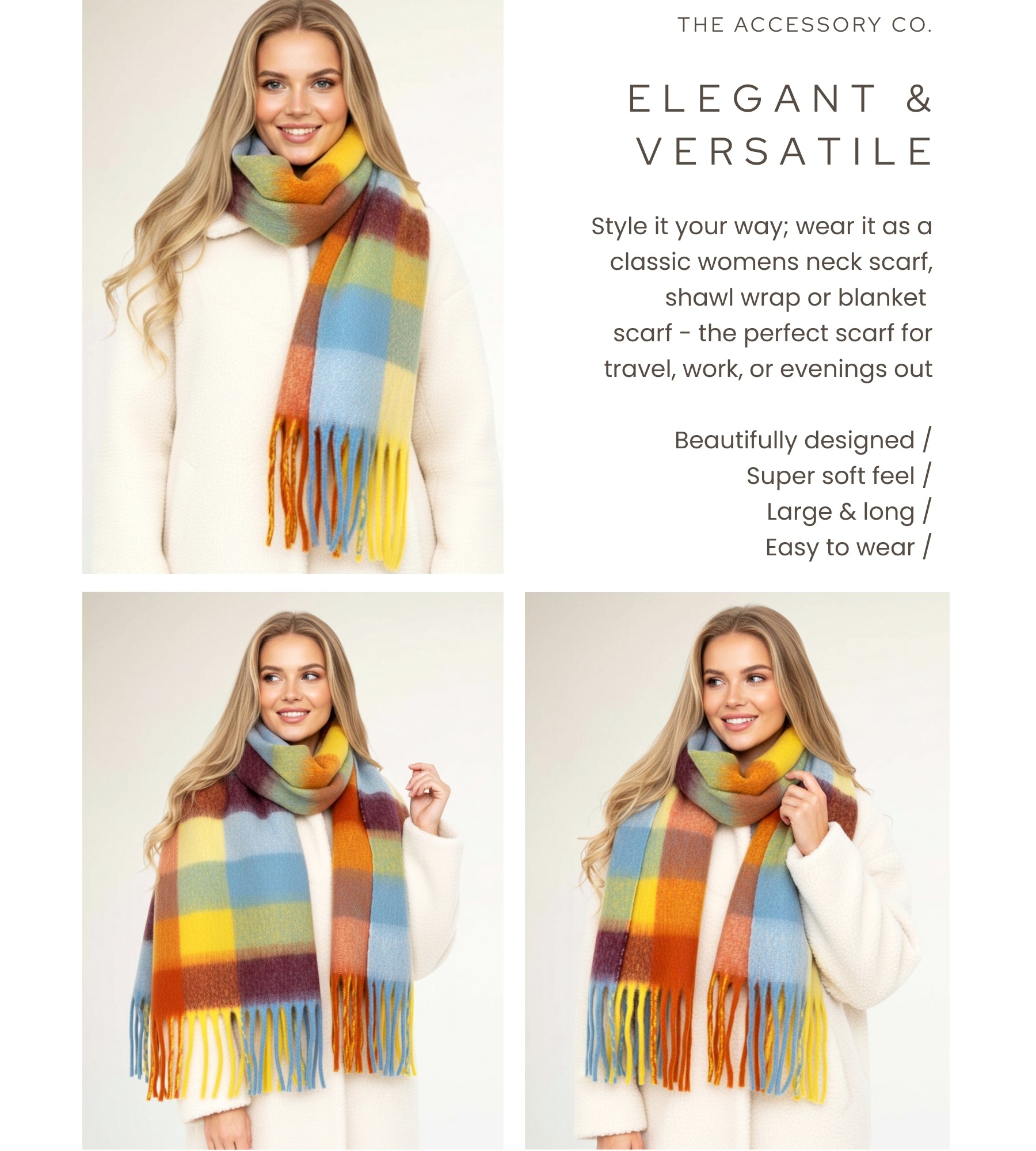 YELLOW CHECKED WOOL RAINBOW BLANKET SCARF OVERSIZED WINTER SHAWL WRAP