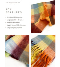 YELLOW CHECKED WOOL RAINBOW BLANKET SCARF OVERSIZED WINTER SHAWL WRAP