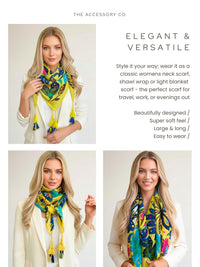YELLOW LOTUS FLORAL PRINT SQUARE TASSEL SCARF - A-SHU.CO.UK
