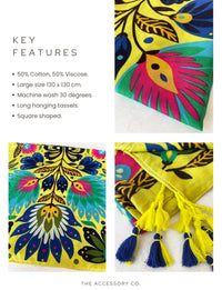 YELLOW LOTUS FLORAL PRINT SQUARE TASSEL SCARF - A-SHU.CO.UK