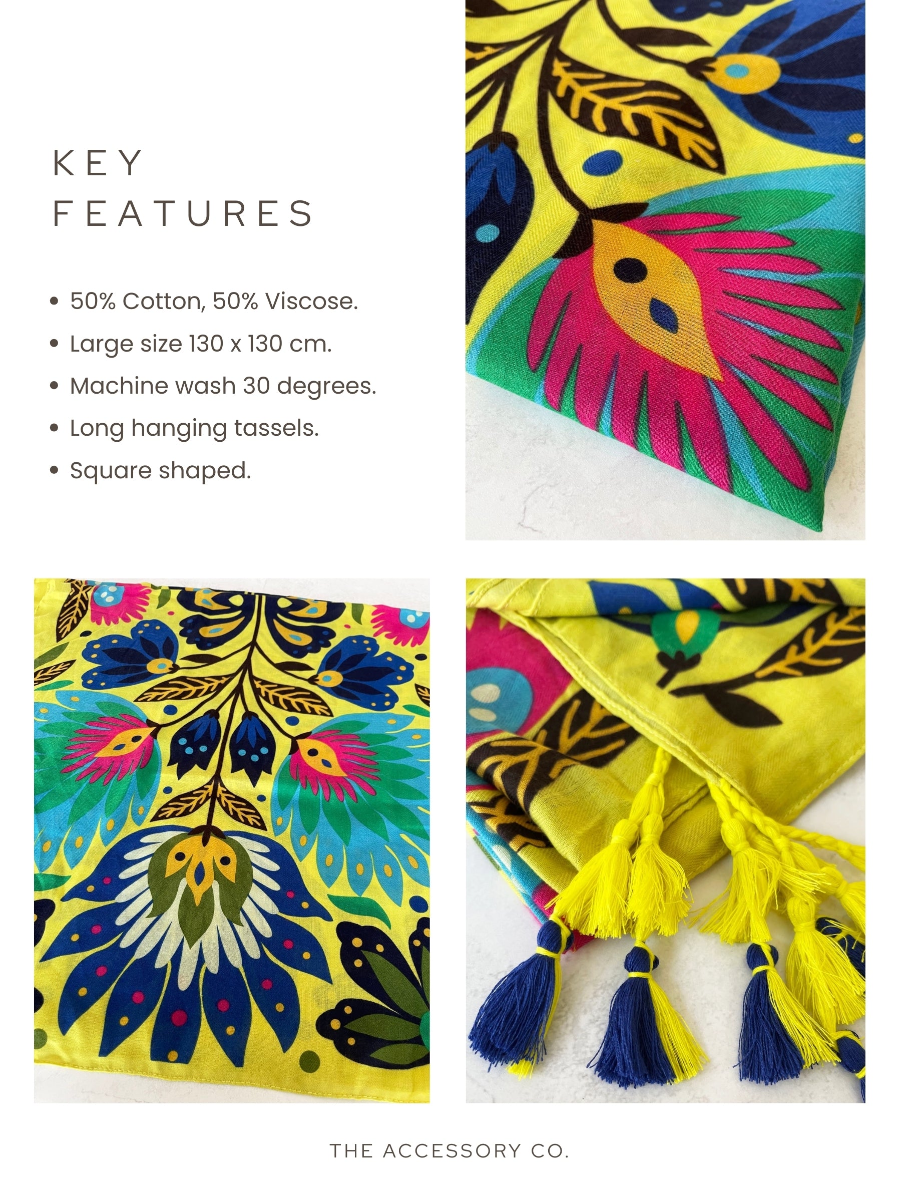 YELLOW LOTUS FLORAL PRINT SQUARE TASSEL SCARF - A-SHU.CO.UK