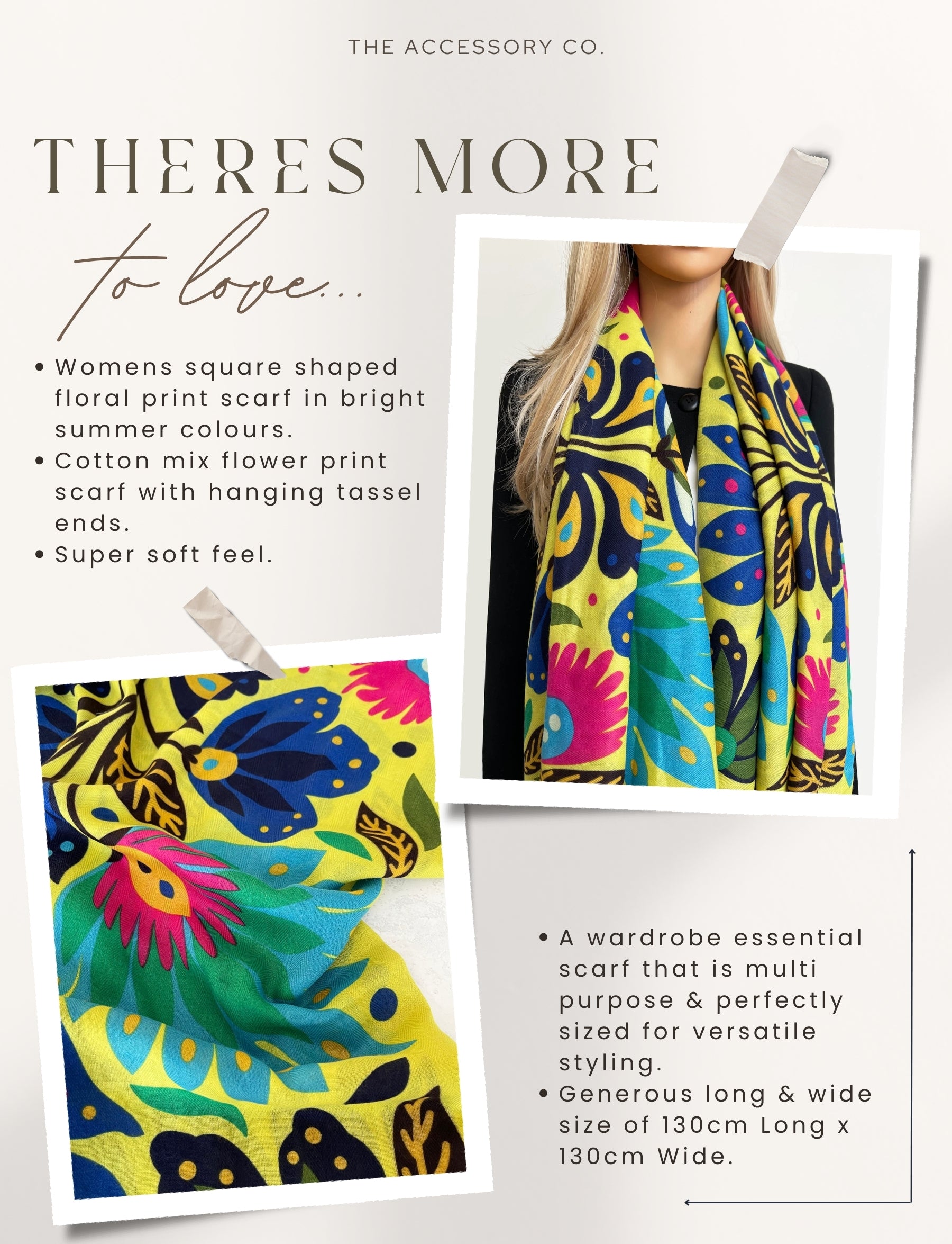 YELLOW LOTUS FLORAL PRINT SQUARE TASSEL SCARF - A-SHU.CO.UK