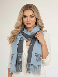 LARGE BABY BLUE HIGHLAND COW CASHMERE REVERSIBLE SHAWL SCARF