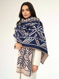 LARGE NAVY BLUE RETRO PRINT REVERSIBLE WOOL WINTER SHAWL BLANKET SCARF