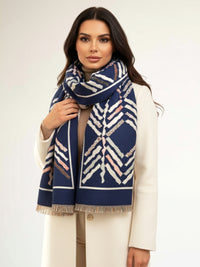 LARGE NAVY BLUE RETRO PRINT REVERSIBLE WOOL WINTER SHAWL BLANKET SCARF