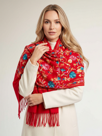 LARGE RED FLOWER PRINT CASHMERE COTTON BLEND WINTER SHAWL BLANKET SCARF