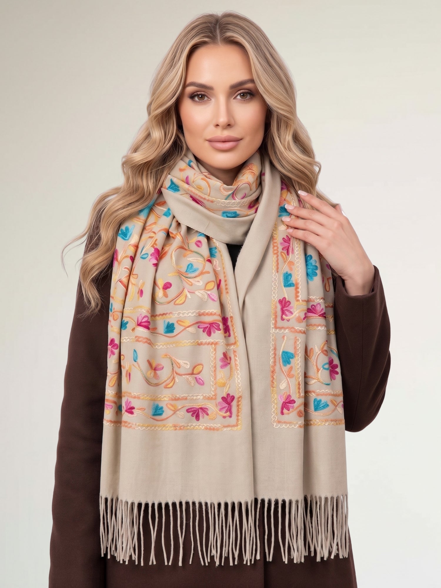 LARGE BEIGE FLOWER PRINT CASHMERE COTTON BLEND WINTER SHAWL BLANKET SCARF