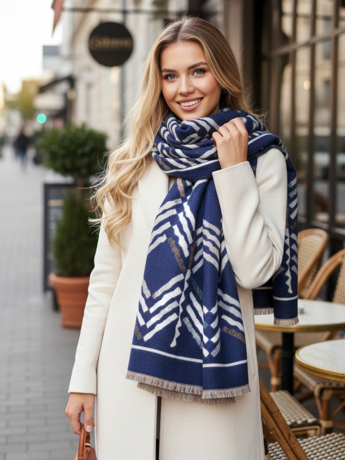 LARGE NAVY BLUE RETRO PRINT REVERSIBLE WOOL WINTER SHAWL BLANKET SCARF