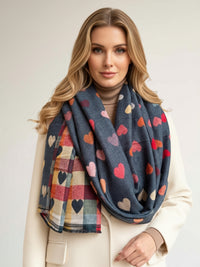 LARGE CHECKED HEART PRINT REVERSIBLE WINTER SHAWL BLANKET SCARF - DENIM