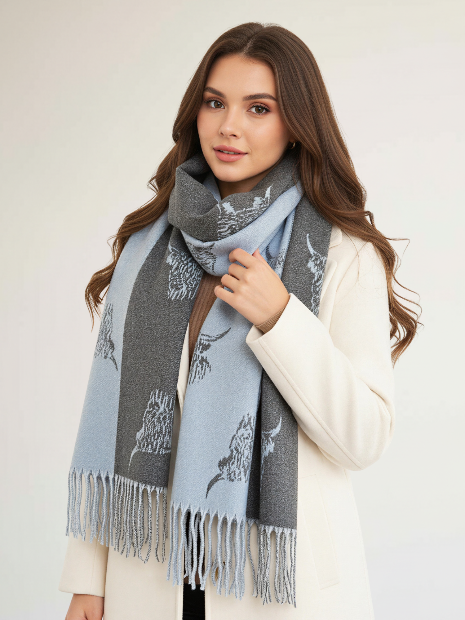 LARGE BABY BLUE HIGHLAND COW CASHMERE REVERSIBLE SHAWL SCARF