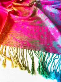 LARGE FUCHSIA PINK RAINBOW FEATHER AND LEAF PRINT PASHMINA SHAWL SCARF