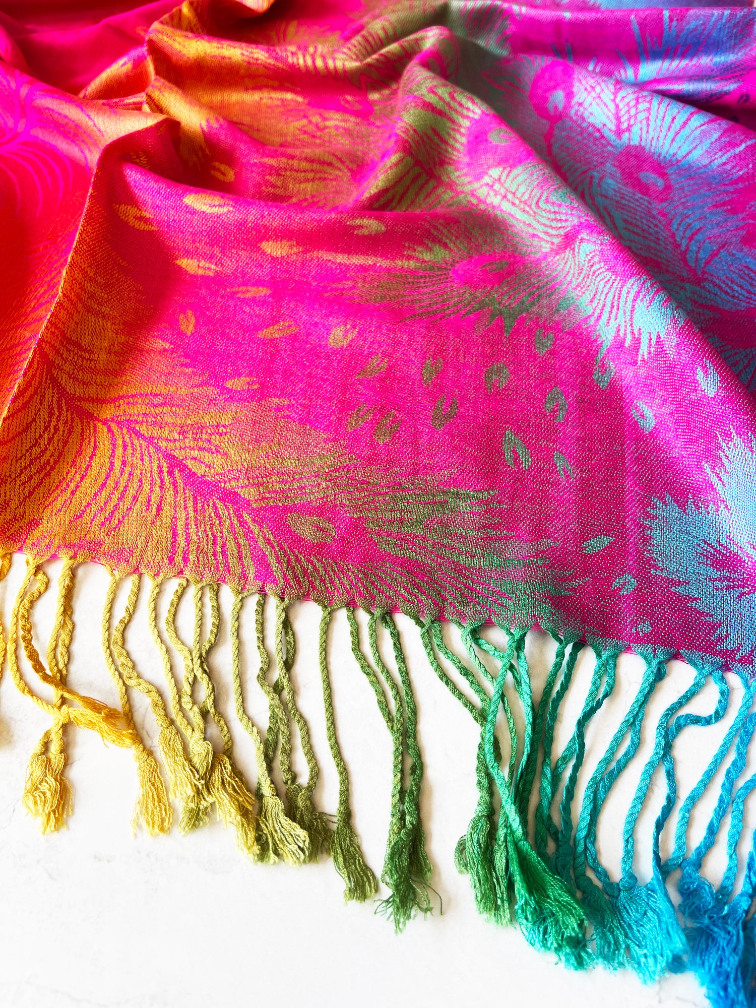LARGE FUCHSIA PINK RAINBOW FEATHER AND LEAF PRINT PASHMINA SHAWL SCARF